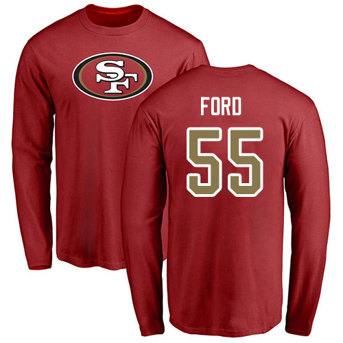 Men San Francisco 49ers Red Dee Ford Name and Number Logo #55 Long Sleeve NFL T Shirt->san francisco 49ers->NFL Jersey